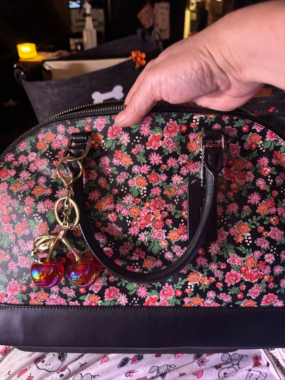 Coach Black Floral Dome Satchel with Pink and Green Bouquet Print 14x8